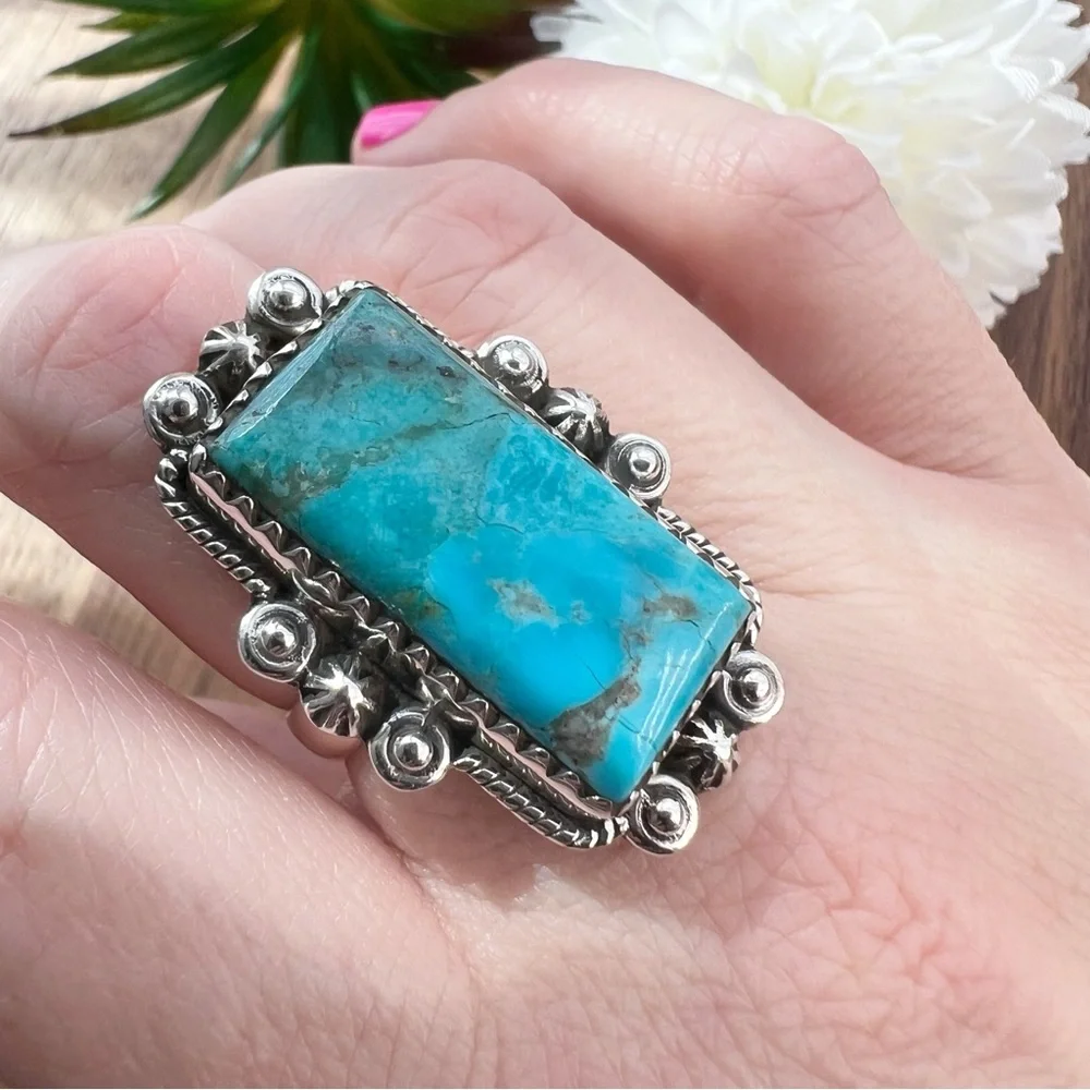 Genuine Mohave Turquoise Ring Size 8 Solid Sterling Silver 925 Native Southwest - Picture 2 of 10